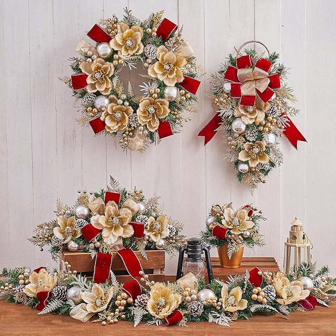 Holiday Tree Christmas Centerpiece - Glam Magnolia Arrangement with Pot. A Unique Design Ornament to Brights Out Your Christmas Atmosphere