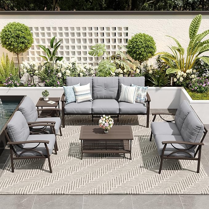 6-Piece Outdoor Patio Furniture Set, Outdoor Metal Sectional Furniture with Cushions, Outdoor Conversation Seating Set with Side Table for Deck, Backyard, Garden, Balcony, Grey