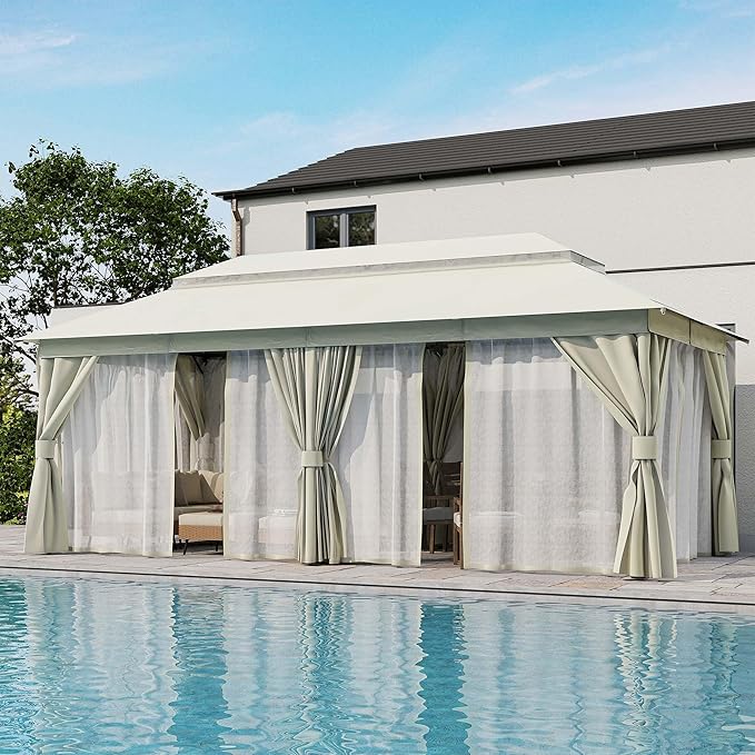 LAUSAINT HOME 10x20ft Outdoor Patio Gazebo with Double Roof, Heavy Duty Waterproof Gazebo Canopy Tent with Mosquito Netting for Backyard, Garden, Lawn & Wedding, Cream White