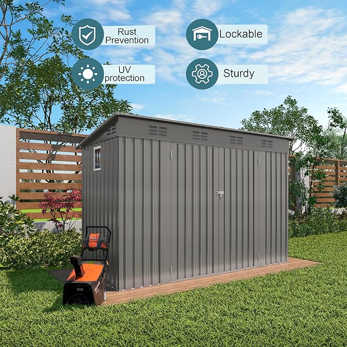 4 * 9.2 * 6 FT Outdoor Storage Shed, Galvanized Steel Garden Shed with Lockable Door & Window, Waterproof Metal Tool Storage for Garden, Backyard, Patio, Lawn(Gray)