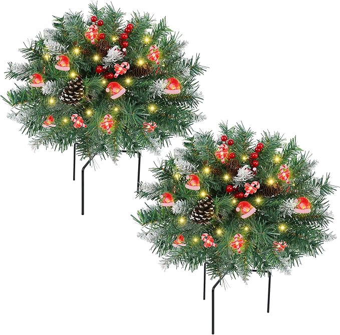 DR.DUDU 15 Inch Outdoor Christmas Decorations Urn Filler for Front Porch- 2 Pack Lighted Christmas Pot Fillers with Stake, Xmas Pine Trees with Timer for Outside Home Décor