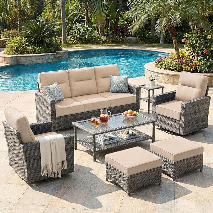 Luxury 7-Piece Patio Furniture Set with 6-Inch Thick Cushions, Outdoor Couch and Swivel Rocker Chairs, Wicker Conversation Set for Porch, Deck, Yard, Pool in Beige