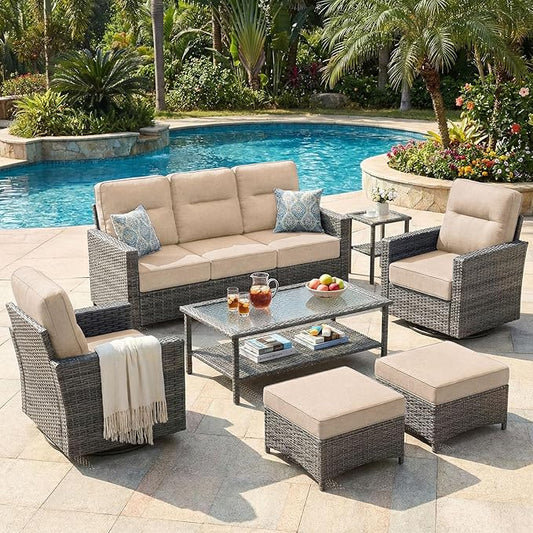 Luxury 7-Piece Patio Furniture Set with 6-Inch Thick Cushions, Outdoor Couch and Swivel Rocker Chairs, Wicker Conversation Set for Porch, Deck, Yard, Pool in Beige
