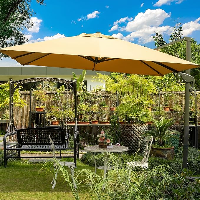 Sunnyglade 10x10Ft Cantilever Patio Umbrella Square Deluxe Offset Umbrella 360°Rotation & Integrated Tilting System Heavy Duty Patio Hanging Umbrella for Market Garden Deck Pool Backyard Patio (Tan)