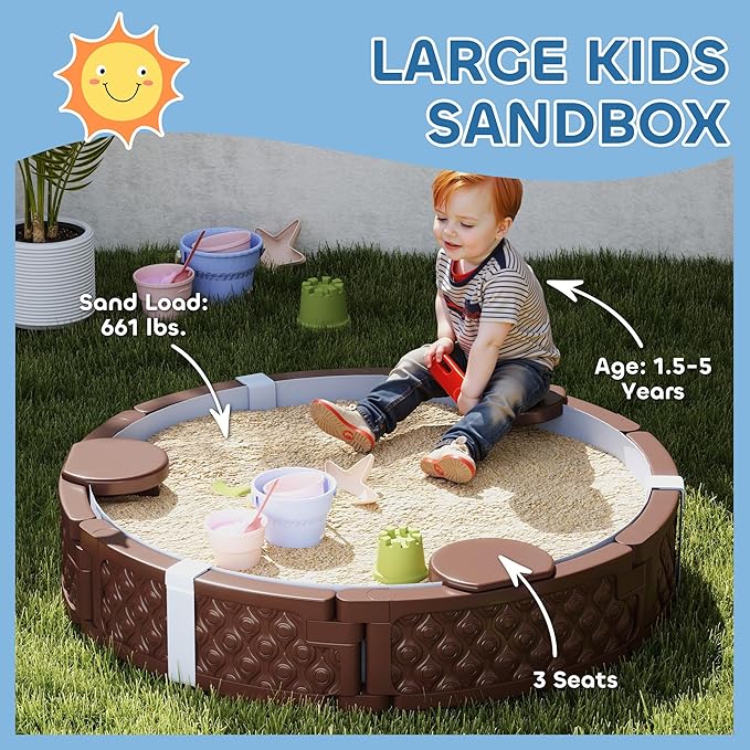 Qaba Kids Sandbox with Cover, Round 47 HDPE Large Sand Pit with 3 Seats, Waterproof Bottom Liner, Weather Resistant Outdoor Sand Box for Backyard, Lawn, Garden, Beach, Patio, Brown