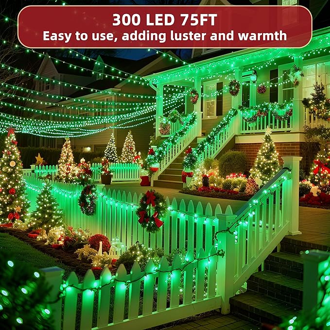 300 LED Outdoor Christmas Lights 75ft, 12 Lighting Modes Indoor String Lights Dimmable & Timer Memory, Outsite Waterproof Tree Lights for Xmas Room Garden Wedding Party Holiday Decorations Green