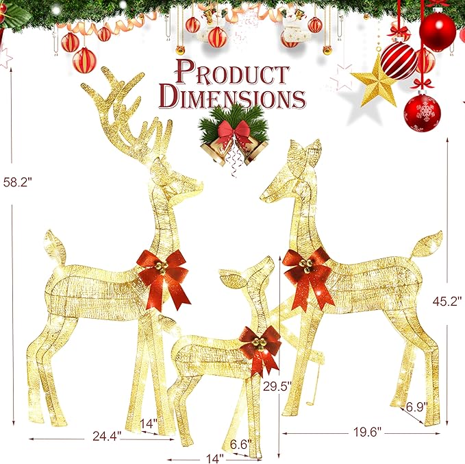 3-Piece Outdoor Lighted Christmas Reindeer Family Set, 3D Plug in 320 Count Warm Lighted Deer Christmas Decoration, Holiday Decor for Yard Patio Lawn Garden Party