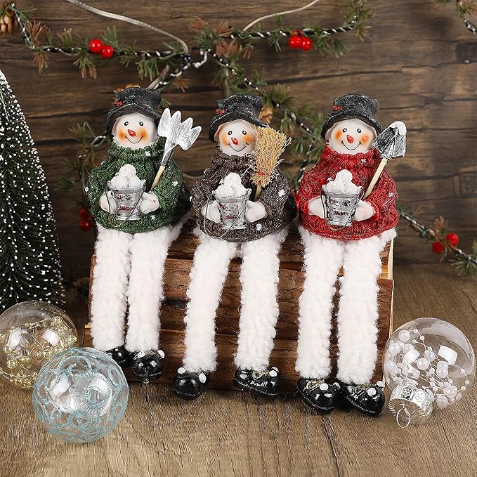 Lulu Home Christmas Snowman Decorations - 3 Pack Resin Snowman Shelf Sitters with Plush Dangling Legs for Winter Xmas Tabletop Mantel Fireplace Home Holiday Decor