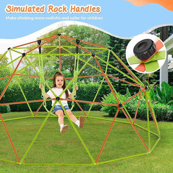 Jungle Gym 10FT X 10FT Climbing Dome with Swing & Hammock Outdoor Playset Support Up to 1000LBS Anti-Rust, Easy Assembly for Boys and Girls