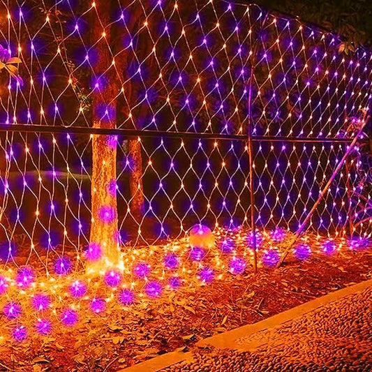 Dazzle Bright Halloween 200 LED Net Lights, 9.8 FT x 6.6 FT Connectable Mesh Lights Clear Wire with 8 Lighting Modes, Halloween Decorations for Indoor Outdoor Bush Yard Garden Decor (Purple & Orange)