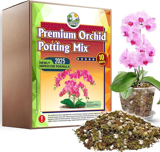[Upgraded] DUSPRO Orchid Potting Mix for Repotting with Forest Moss, Pine Bark, Perlite & Pumice, Orchid Bark Potting Mix, Orchid Repotting Soil, Drainage Indoor Potting, Orchid Pot Not Included, 10QT