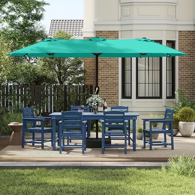 13FT Double-Sided Patio Umbrella with 48 Solar LED Lights, Large Rectangular Outdoor Market Umbrella with Crank Handle, Vented Canopy, Heavy-Duty 12 Rib Steel Frame, for Backyard, Garden, Pool, Turquoise Blue