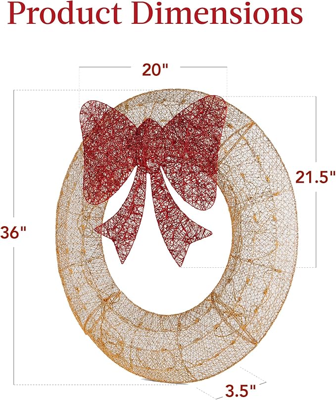 Best Choice Products 36in Pre-Lit Outdoor Christmas Wreath Decoration, LED Metal Holiday Decor for Home w/ 120 Lights, Bow - Gold/Red