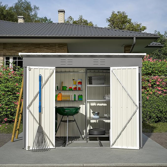 8x4 FT Outdoor Storage Metal Shed with Air Vents Sloping Roof Double Lockable Doors Waterproof Tool Galvanized Ideal for Backyard Patio Lawn Gray Shed Storage