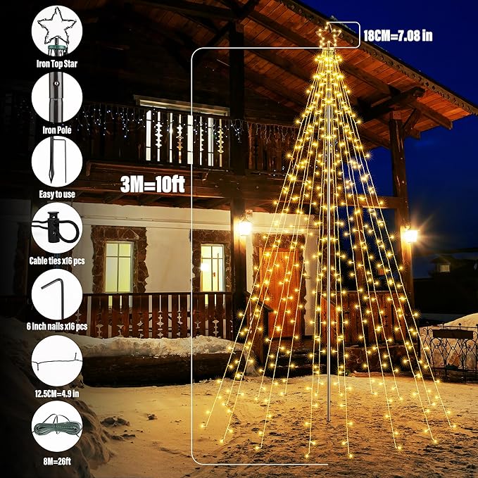 Flacchi 10 FT 404 LED Star String Lights Outdoor - Pole Set with Remote, Multiple Lighting Modes, Timer, and Waterproof Feature for Ultimate Holiday Decor (Warm White)