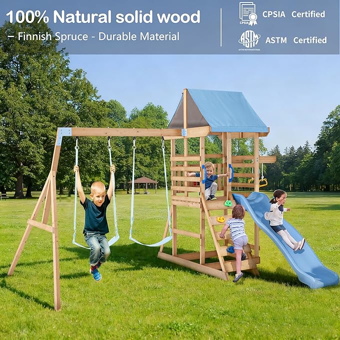 Spruce Wood Swing Set with Wave Slide, Belt Swings, Play Deck, Rock Wall Ladder, Pull up Rings and Puzzle Chess Board, Canopy Roof Outdoor Playset for Backyard