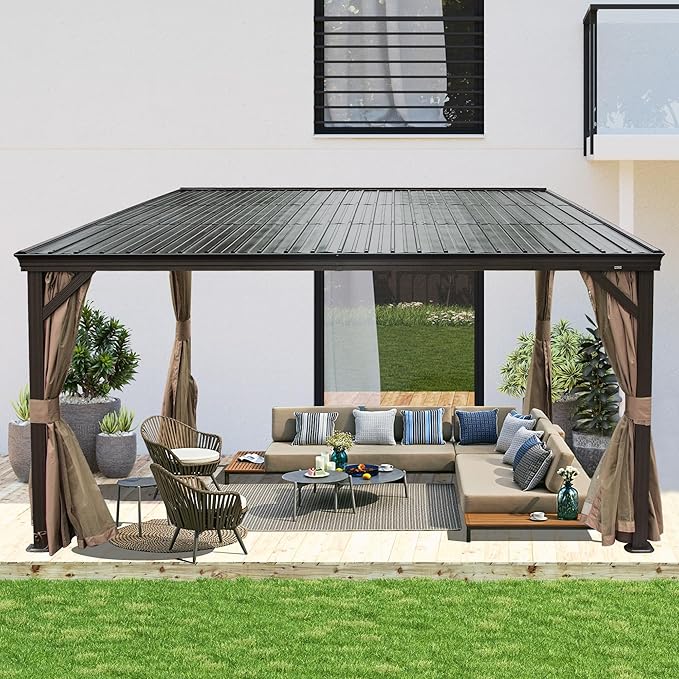 10’ x 12’ Lean to Gazebo, Outdoor Wall Mounted Gazebo Aluminum Frame, Hardtop Pergola with Galvanized Steel Sloping Roof for Patio Deck Garden Backyard, Curtain and Netting Included