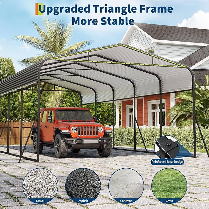 Metal Carport, 13x26 FT Outdoor Carport Canopy with Reinforced Base and Galvanized Steel Roof, Heavy Duty Garage Car Shelter Shade for SUV, Truck, Boats