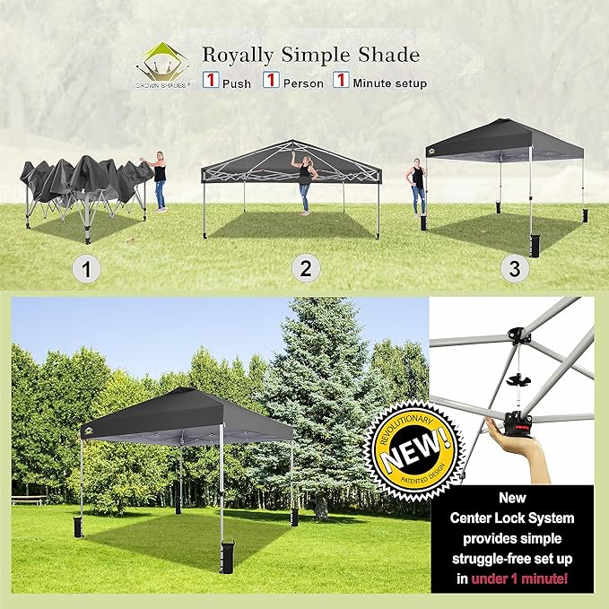 CROWN SHADES 10x10 Pop Up Canopy, Patented Center Lock One Push Tent Canopy, Newly Designed Storage Bag, 8 Stakes, 4 Ropes (10x10, Grey)