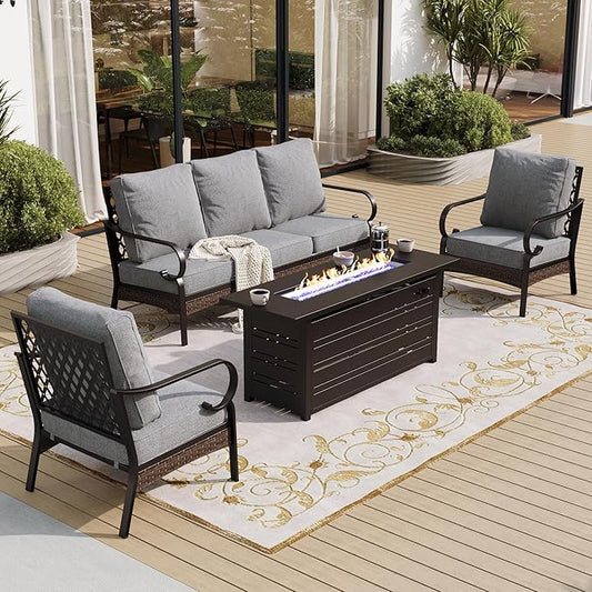 4 Piece Black Metal Outdoor Patio Furniture Sets with Firepit Table, Patio Conversation Sets 1 3-Seater Sofa, 2 Single Sofa with 5.75" Thick Cushion Backyard Furniture for Deck, Gray