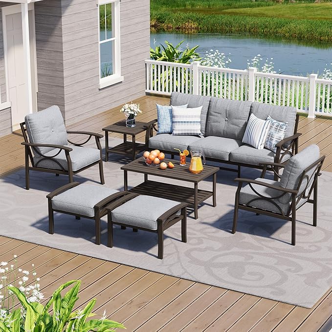 7-Piece Outdoor Patio Furniture Set, Outdoor Metal Sectional Furniture with Cushions, Outdoor Conversation Seating Set with Side Table for Backyard, Garden, Balcony, Deck, Grey