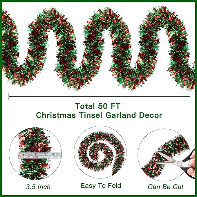 50FT Red Green Christmas Tinsel Garland Metallic Twist Shiny Garland for Xmas Tree Decorations, Xmas Holiday Hanging Decor for Home Mantle Stair Indoor Outdoor Christmas Party Supplies Decor