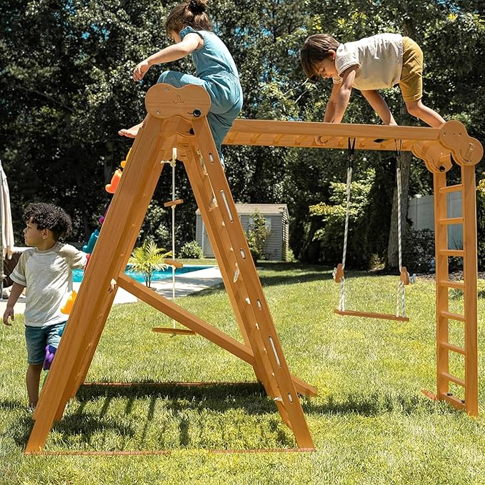 Avenlur 8-in-1 Small Indoor/Outdoor Playset ? Foldable Wooden Kids Play Set for Backyard ? Kid Playground for Toddlers Age 2?6 with Slide, Monkey Bars, 2 Ladders, 2 Swings, Rock Climbing, Gym Rings