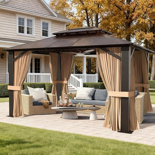 10x12 Hardtop Gazebo with Curtains and Netting, Double Roof Polycarbonate Canopy, Heavy-Duty Aluminum Frame – All-Weather, UV & Rust Resistant for Patio, Garden, and Deck