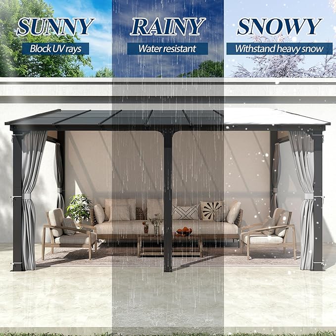 COVERONICS 12' X 14' Outdoor Polycarbonate Lean to Gazebo - Wall-Mounted Aluminum Frame Gazebo with Slope Hardtop, Patio Heavy-Duty Lean to Pergola with Netting & Curtains for Garden, Backyard, Deck