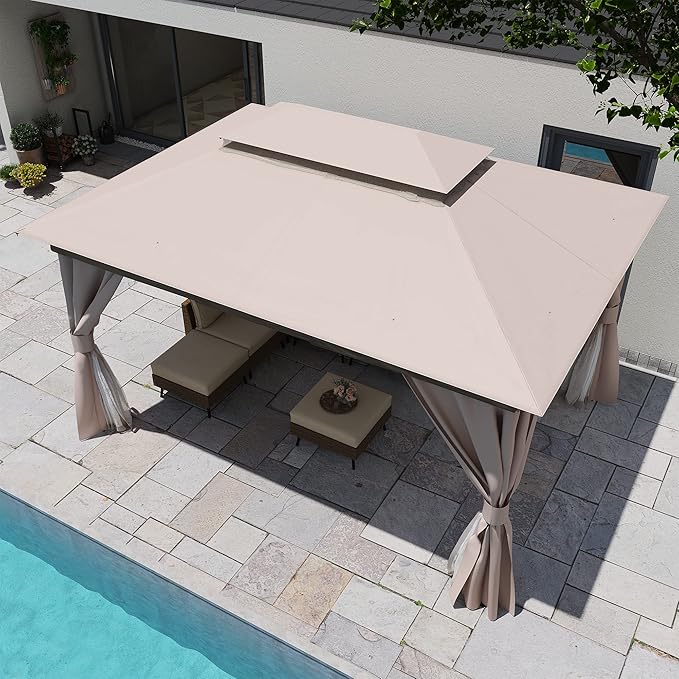 LAUSAINT HOME Semi-Permanent Patio Gazebo 10'x13' with Expansion Bolts, Outdoor Heavy Duty Party Tent Shelter with Double Roofs, Mosquito Nets and Privacy Screens for Backyard, Garden, Lawn, Khaki