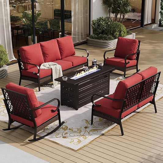 5 Piece Metal Outdoor Patio Furniture Sets with Firepit Table, Patio Conversation Sets 1 3-Seater Sofa, 1 Loveseat, 2 Rocking Chair with 5.75" Cushion for Backyard Deck, Rust Red
