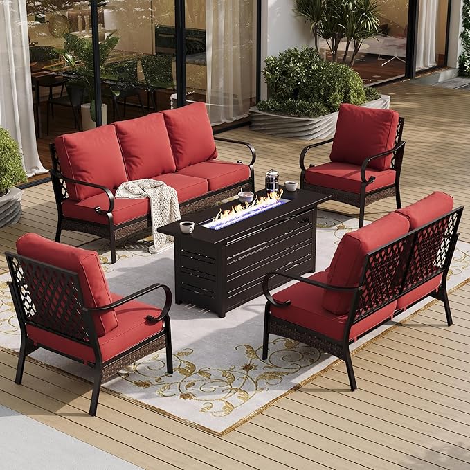 5 Piece Metal Outdoor Patio Furniture Sets with Firepit Table, Patio Conversation Sets 1 3-Seater Sofa, 1 Loveseat, 2 Single Sofa with 5.75" Cushion for Backyard Deck, Rust Red