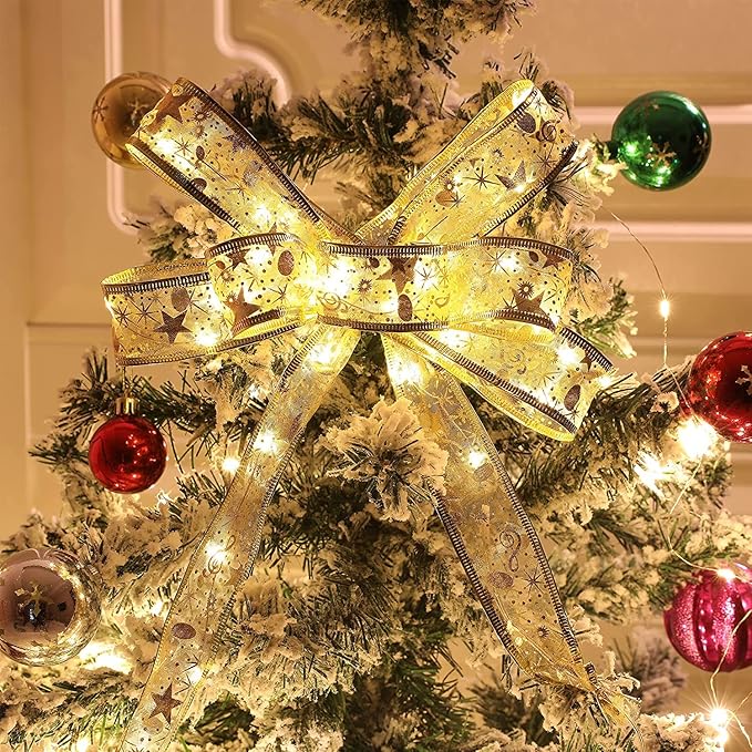 GIHOO Christmas Tree Decorations String Lights 32ft 100 LED Lights Copper Wire Ribbon Bows Lights for Party Weddings Holiday Christmas Tree Decorations (Gold Warm Light Battery Powered)