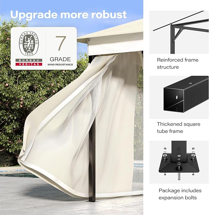 LAUSAINT HOME 10x10ft Outdoor Patio Gazebo with Double Roof, Heavy Duty Waterproof Gazebo Canopy Tent with Mosquito Netting for Backyard, Garden, Lawn & Wedding, Cream White