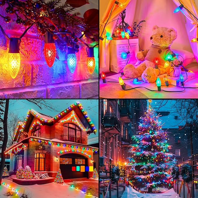 C9 Christmas Pathway Lights Outdoor, 25.7 Feet 20 LED C9 Strawberry Walkway Lights with Marker Stakes, Connectable Shatterproof C9 String Lights for Outside Yard Decorations, Multicolored, 4 Pack