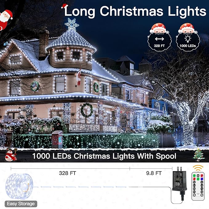 Christmas Lights Cool White, 1000LED 328FT Christmas Tree Lights IP67 Waterproof, Plug in Fairy Lights with Remote 8 Modes Timer, Xmas Light for Outdoor Indoor House Holiday Decor