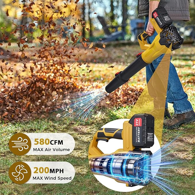 21V Cordless Leaf Blower with 2.6Ah Battery & Charger, 200MPH High-Velocity Electric Leaf Blower, 6-Speed Power Handheld Blower for Lawn Care, Grass Clippings, Pine Needles & Driveway, Yellow