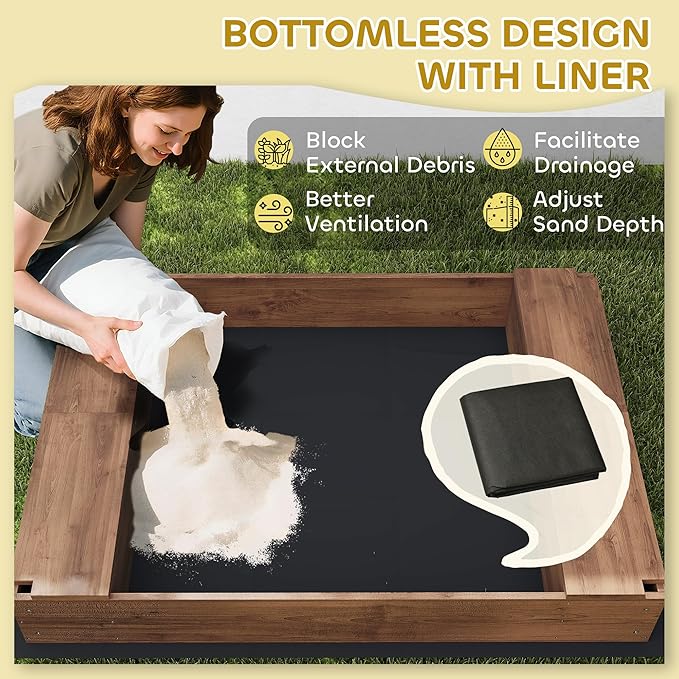 Qaba Kids Wooden Sandbox with Canopy, Large Wood Sand Pit with Mesh Door, 2 Bench Seats, Bottom Liner, Outdoor Snad Box for Backyard, Garden, Patio, Beach, Brown