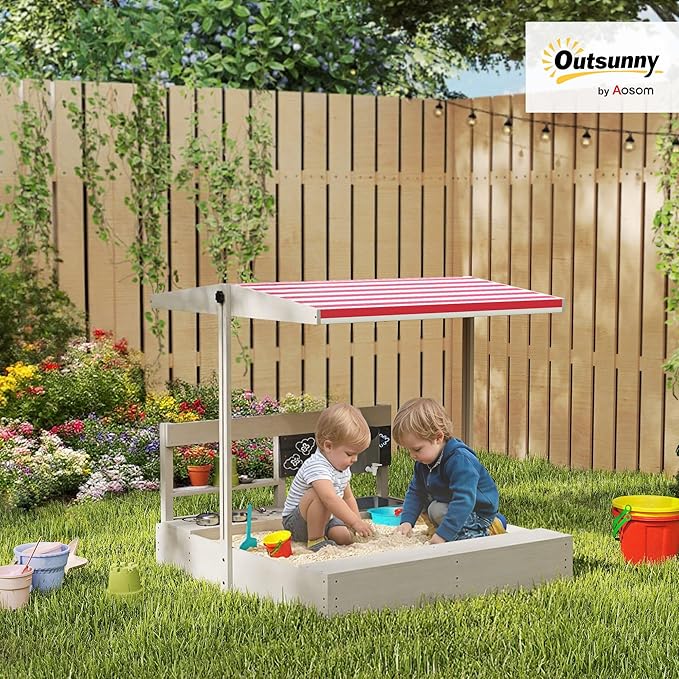 Outsunny Kids Sandbox with Cover, Wooden Outdoor Sandbox with Kitchen Playset Accessories, Height Adjustable Canopy, Outdoor Activity Gift for Boys and Girls Ages 3-7