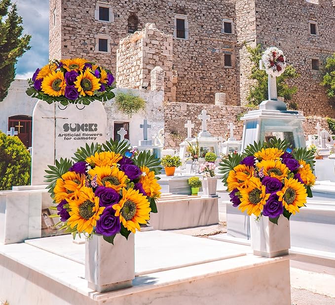 SUHOOKOO Cemetery Flowers with Vase for Grave Decor, Silk Sunflower Rose Headstone Flower,Tombstone Flower - Bright and Colorfast,Purple/Yellow