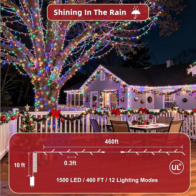 470ft Outdoor Christmas Lights, 1500 LED Super Long String Lights 12 Modes & Timer Memory, Dimmable Outsite Waterproof Light Strings for Xmas Tree Garden Wedding Party Holiday Decorations Multicolor