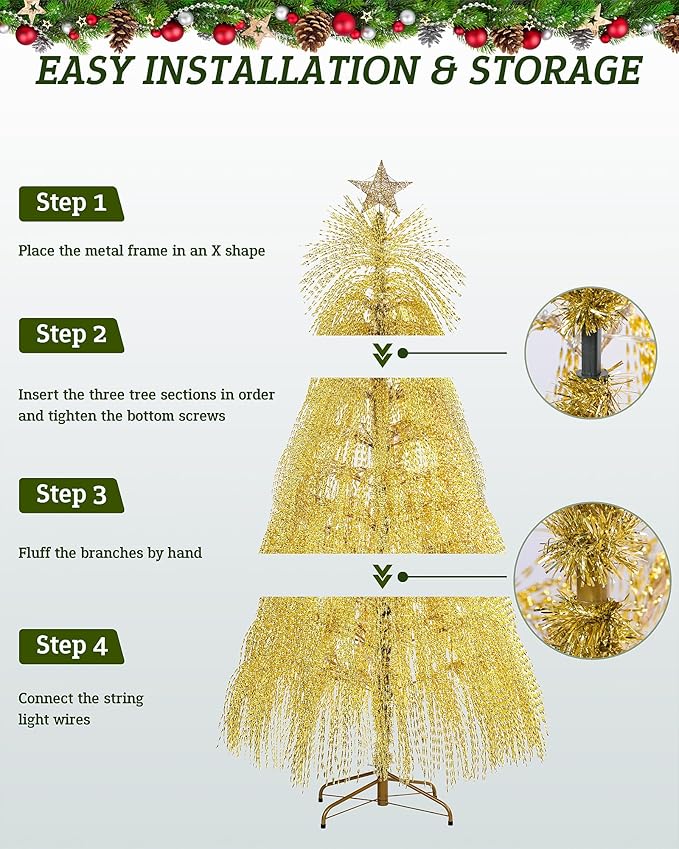 6.5ft Pre-Lit Artificial Christmas Tree, Christmas Tree with 180 LED Lights, 8 Lighting Modes, 2800 Tinsel Branches, Perfect for Indoor, Home, Party, Office, Apartment Decoration (Gold)