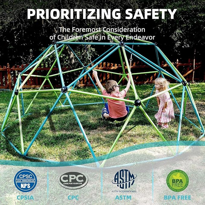 Easyego Climbing Dome, 10FT Jungle Gym with Swing for Kids 3 to 10 Outdoor Play Equipment, Supports 800lbs Toddler Play Set, Anti-Rust & Easy Assembly, Gift for Boys Girls (Blue & Yellow)