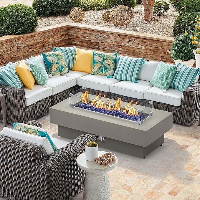 48-inch Fire Table with Natural Gas Conversion Kit & Wind Glass Shield, 50,000BTU Outdoor Modern Patio Fire Pit Table w/Rectangular Burner Lid, Glass Rocks, Cover