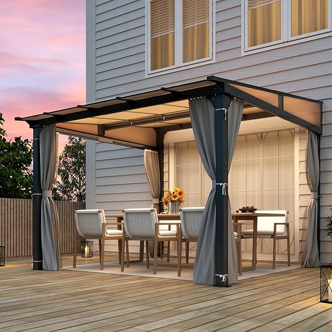 10 x10FT Outdoor Wall-Mounted Hardtop Gazebo, Aluminum Frame Lean to Gazebo with Polycarbonate Roof and Curtains for Patio, Garden, Deck