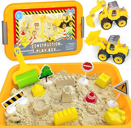 Construction Sensory Bin, Tractor Sand Playset Construction Sandbox with Toy Truck Play Sand and Signs, Sand Art Kit for Kids Ages 3 and up