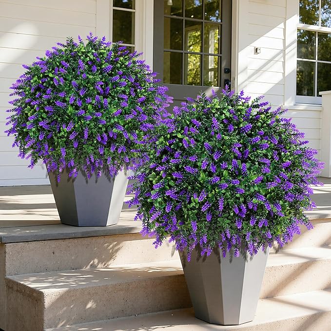 HyeFlora 26'' Artificial Topiary Boxwood Ball Trees with Lavender 2 Pack Fake Plants for Outdoor Indoor Artificial Shrubs with Ground Spike UV Resistant Fake Bushes for Front Porch Garden (Purple)