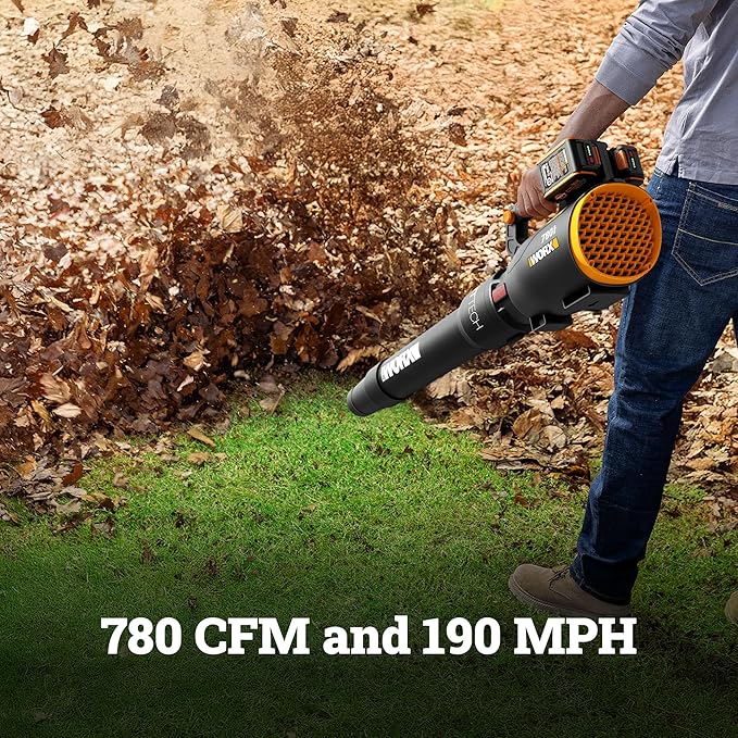 WORX Cordless Leaf Blower, Electric Blower with 780 CFM & 190 MPH, Brushless Lawn Blower with Gas-Like Power & 57 dB, 2 ¡¿ 4.0 Ah Batteries & Charger Included, WG582