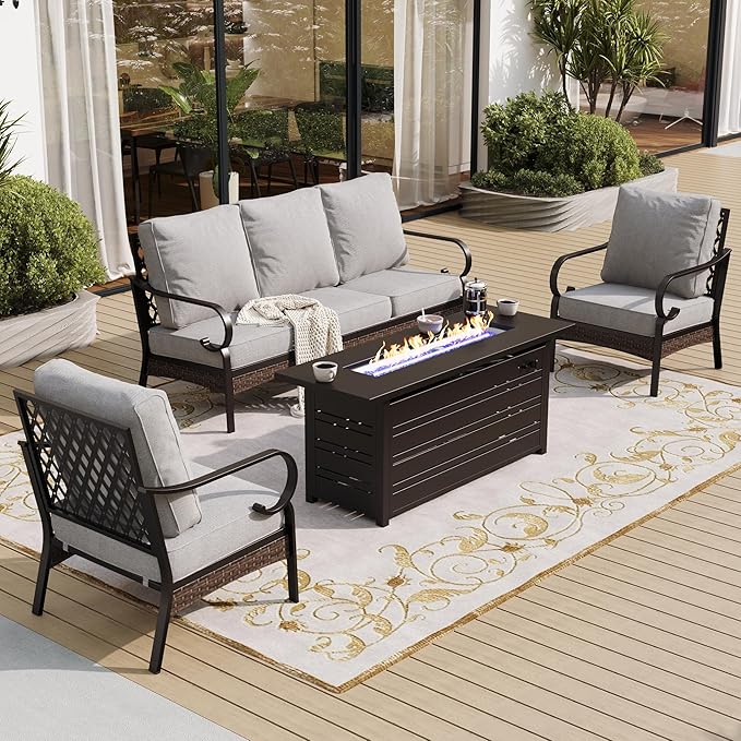 4 Piece Black Metal Outdoor Patio Furniture Sets with Firepit Table, Patio Conversation Sets 1 3-Seater Sofa, 2 Single Sofa with 5.75" Cushion Backyard Furniture for Deck, Light Gray