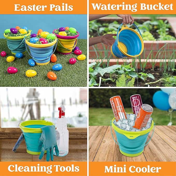 JOYIN 3 Packs Foldable Pail Bucket with Shovels & Mesh Bag, Collapsible Buckets Multi Purpose for Beach, Camping Gear, Beach Party, Fishing, and Fun Summer Activities (Yellow/Blue/Green)